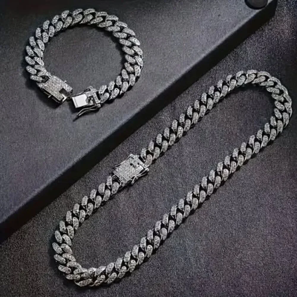 New 18k white gold filled Cuban link chain and bracelet set